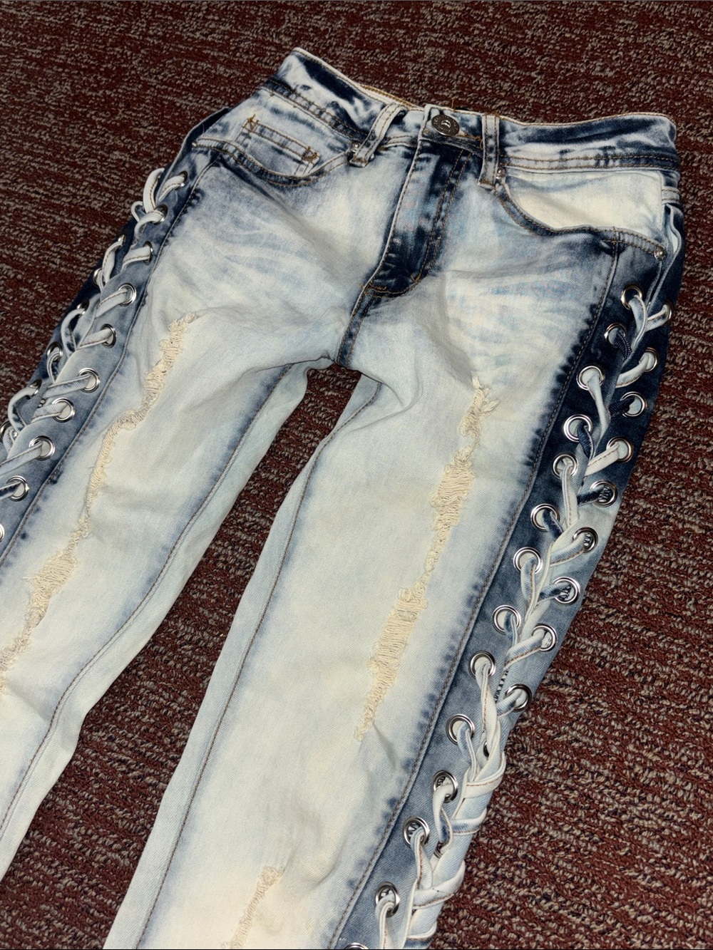 Vintage y2k jeans lace up leg acid wash skinny distressed side tie denim 1